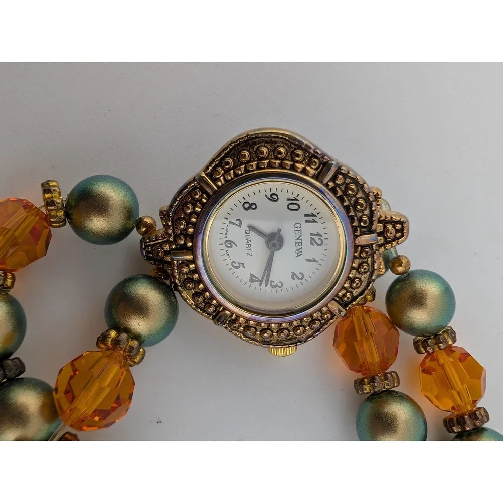 Geneva Watch Women 25mm Case Green & Orange Beaded Stretch Band- New Battery